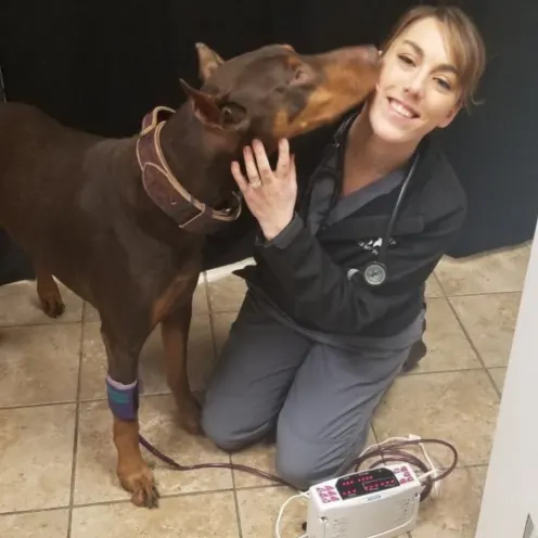 Staff member smiling with a doberman